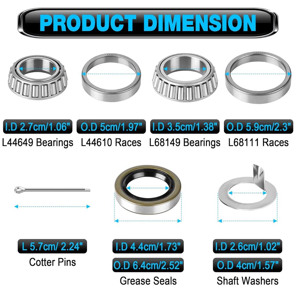 Set Of 2 Trailer Bearing Kit L68149 L44649 Boat Trailer Axle Wheel Hub Bearings Fits For 1-3/8" To 1-1/16" 3500 Lbs Trailer Axle, 171255TB/10-19