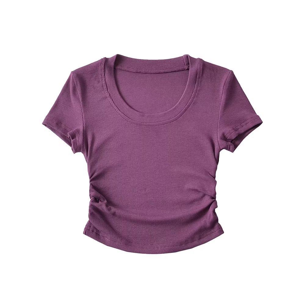 Trendy Women's Round Neck Short Sleeve Side Ruched Bodycon Crop Top