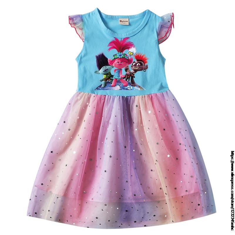 Children Cosplay Costume Trolls 2 Birthday Party Tutu Dress for Girls Sequin Top Pastel Clothing Kids Pink Vestidos 2 To 10 Year