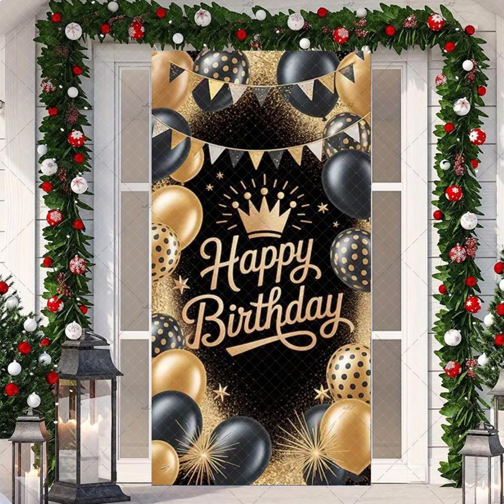 Black Gold Happy Birthday Door Banner Pink Blue Purple Shining Balloons Kid Adult Party Decoration Backdrop Photo Shoot Supplies