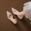 Autumn and summer new French pointed pink rhinestone sequins stiletto light mouth sandals high heels fashion shoes