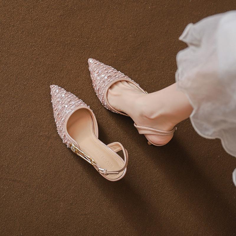 Autumn and summer new French pointed pink rhinestone sequins stiletto light mouth sandals high heels fashion shoes