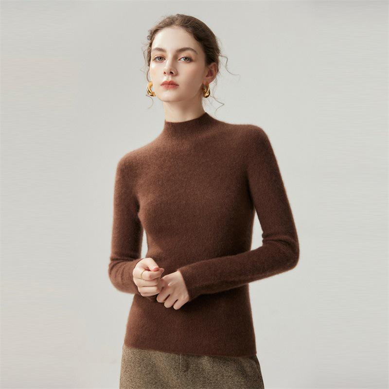 Pure Cashmere Ribbed Half-High Collar Knit Top
