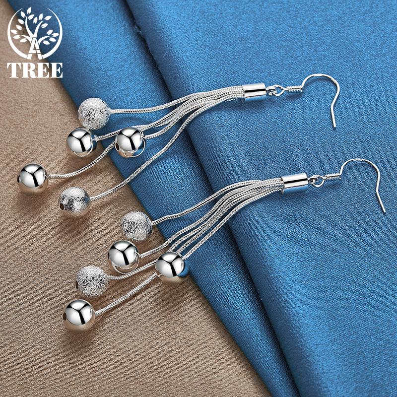 925 Sterling Silver Five Line Snake Chain Beads Drop Earrings Jewelry