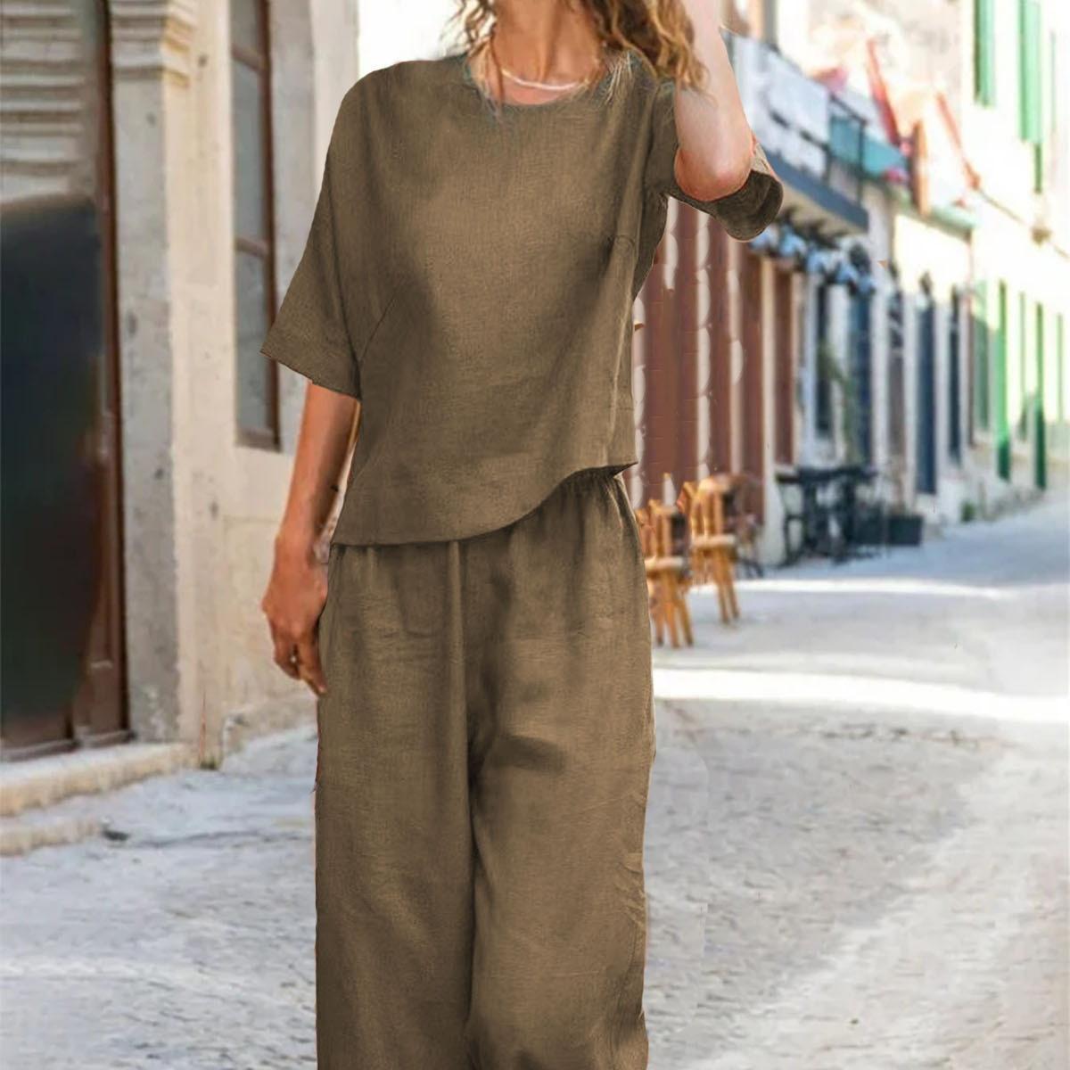 

Summer Cotton Linen Loose Casual Solid Color Fashionable Two-Piece Set Women s Cross-Border Clothing Comfortable Skirt Ensemble 3XL хакі
