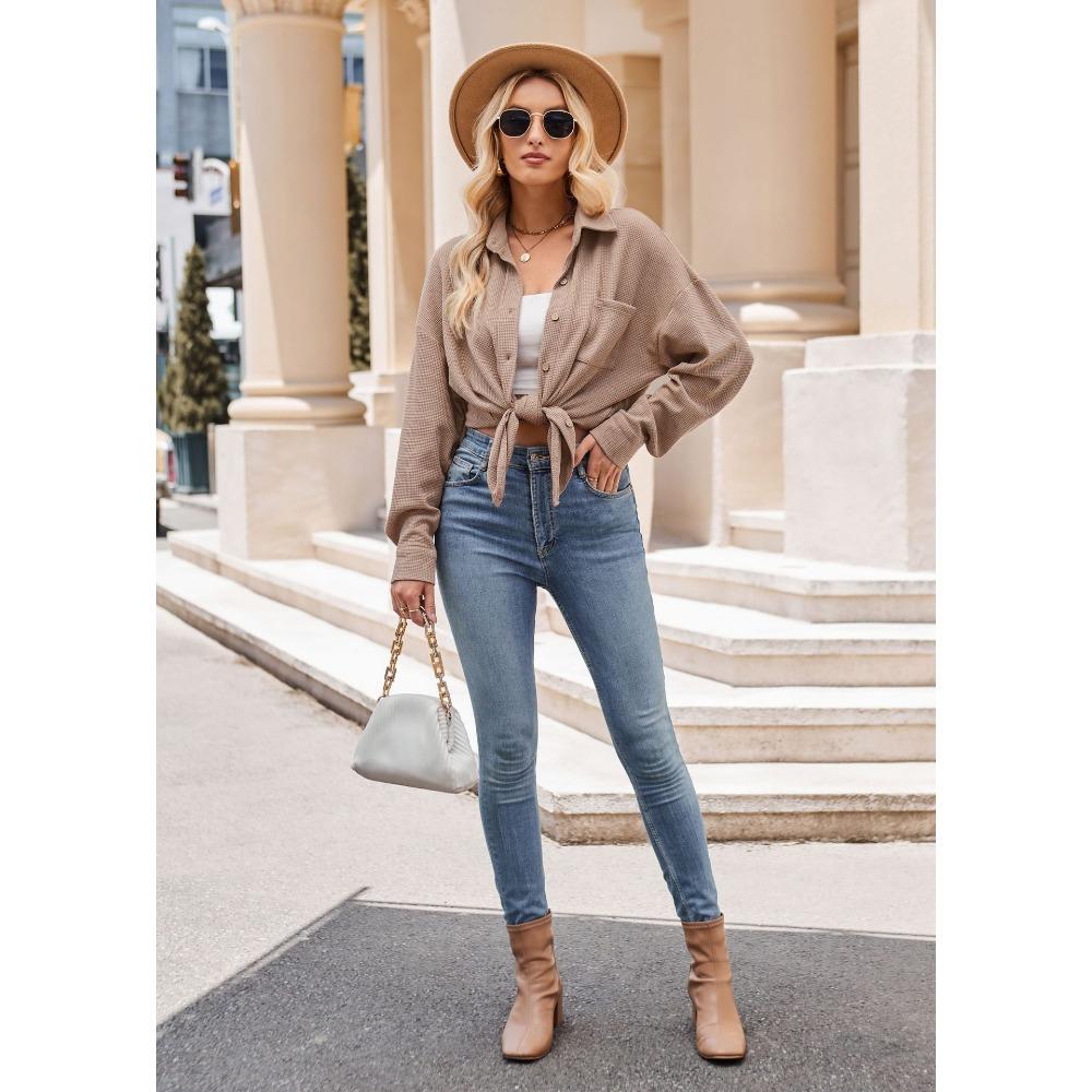 Autumn and Winter Casual Loose Pocket Waffle Fashion Women's Blouses & Shirts