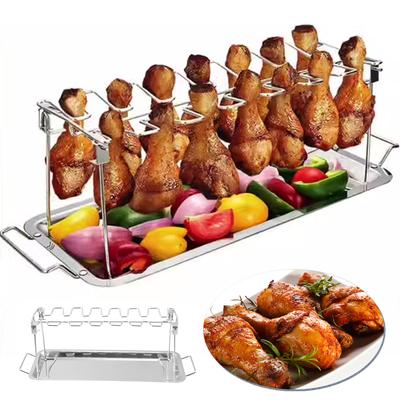 Chicken Leg Rack for Grill with Drip Tray 430 Stainless Steel Folding Drumstick Rack 14 Slots Chicken Wing Rack Holder for BBQ
