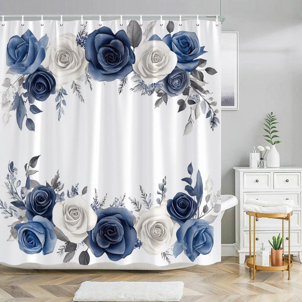 

1Pc Elegant Floral Border Shower Curtain With Silver Blue Leaves On White Background, Polyester Fabric, Machine Washable W60H190(CM)-1 Pcs