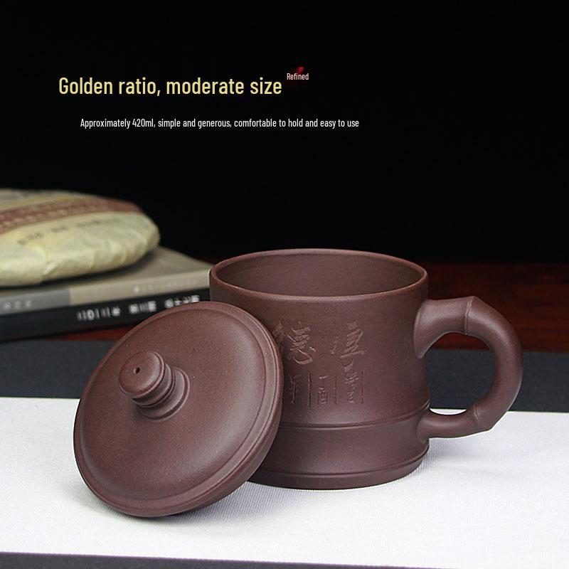 Yixing Zisha Bamboo Joint Teacup with Lid - Handmade Purple Clay Cup