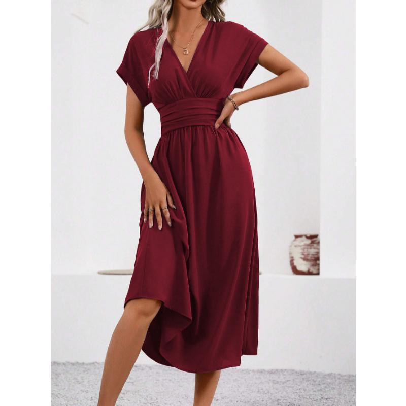 New Women's Elegant Solid Color Batwing Sleeve Maxi Dress, Overlap V-Neck Waist Pleated Long Dress for Summer Casual & Formal Occasions