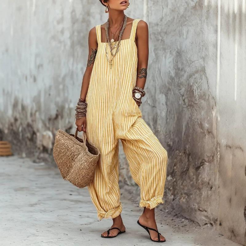 TIFICY Women's Fashion Casual Summer Spring Stripe Print Sleeveless Square Collar Loose Waistline Trousers Jumpsuits & Rompers