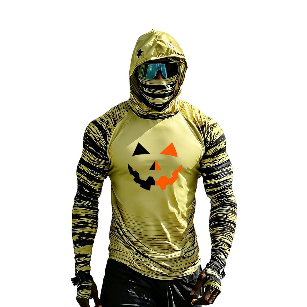 Men's Long Sleeve Hooded Sun Top with Color Block Raglan Sleeves Halloween Print