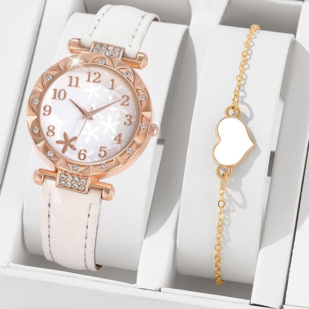 with Leather Strap Watch Bracelet Set Heart Shape Quartz Wristwatch New Watch Jewelry Set  Woman