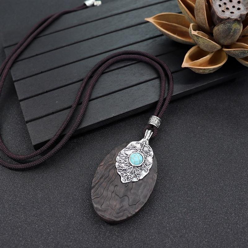 Retro Literary and Artistic Long Ebony Necklace Wooden Pendant Women's Simple Zen Sweater Chain Cotton and Linen Accessories