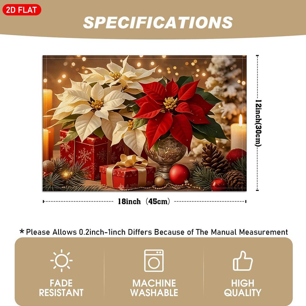 4/6pcs, Christmas Themed Linen Placemats, Christmas Flower And Candle Pattern Placemats, Suitable for Holiday Table Decoration, Christmas Party Decora