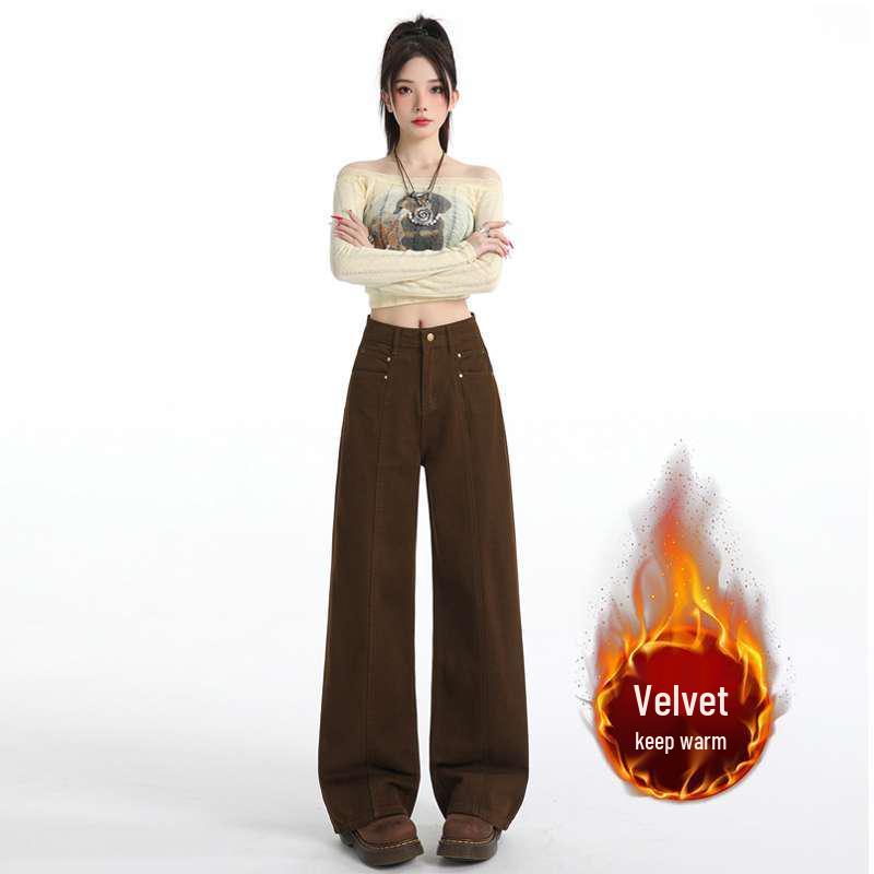

Coffee Color Plus Velvet Slimming High Waist Straight Leg Jeans for Women XL