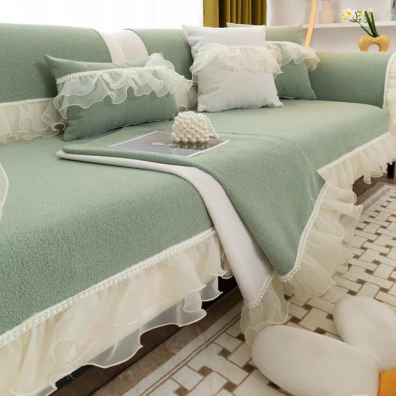 Weicher Weißer Spitzrock Sofabezüge Überwürfe Sofahandtuch Perlenlinien Rutschfester Couchbezug für Wohnzimmer 1 2 3 4 Sitzer Sofa