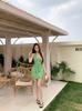 French Polka Dot Streamer Neck Dress Women's Summer Temperament Green Skirt Waist Hip Skirt Vacation Dress