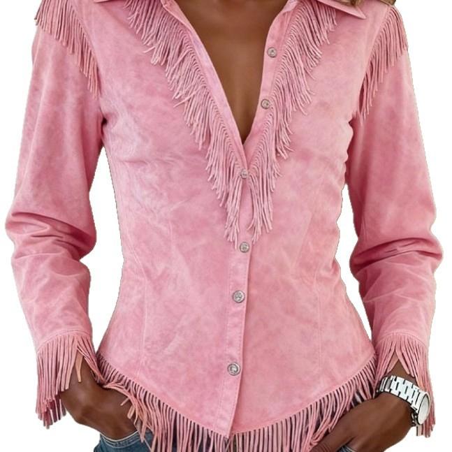 Women's Fringe Shirt Casual Turn-down Collar Single Breasted Long Sleeve Solid Color Blouse