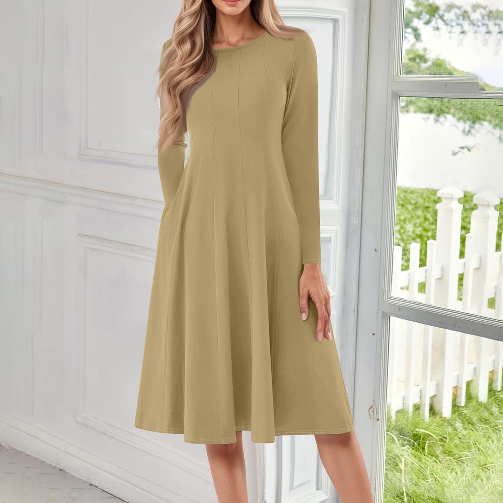 Damen Freizeitmode Rundhals Langarm Farbe Midi Kleid