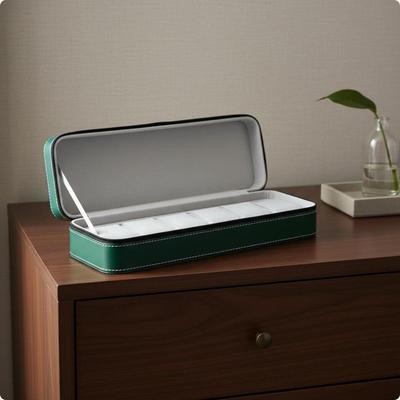 PU Leather Watch Box Zippered Closure Organizer Easy To Carry for Travel Green 6slot