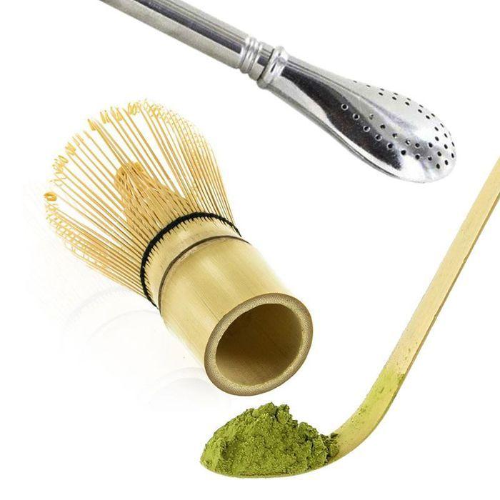2 ustensiles à thé matcha en bambou + paille inox avec filtre