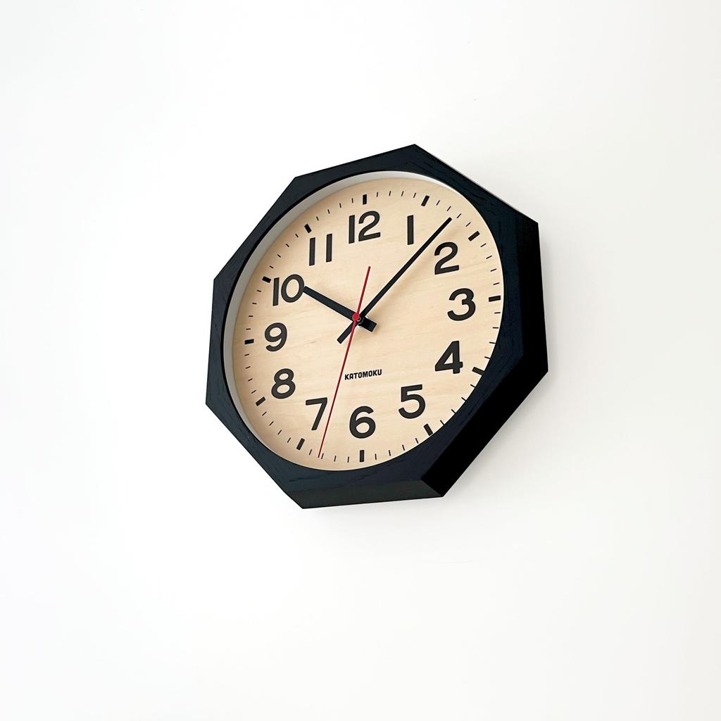 KATOMOKU Muku Clock 15 Octagonal Black Wall Clock with Continuous Second km-107BKRC8 Hand, 30.0cm (Radio-Controlled Clock)