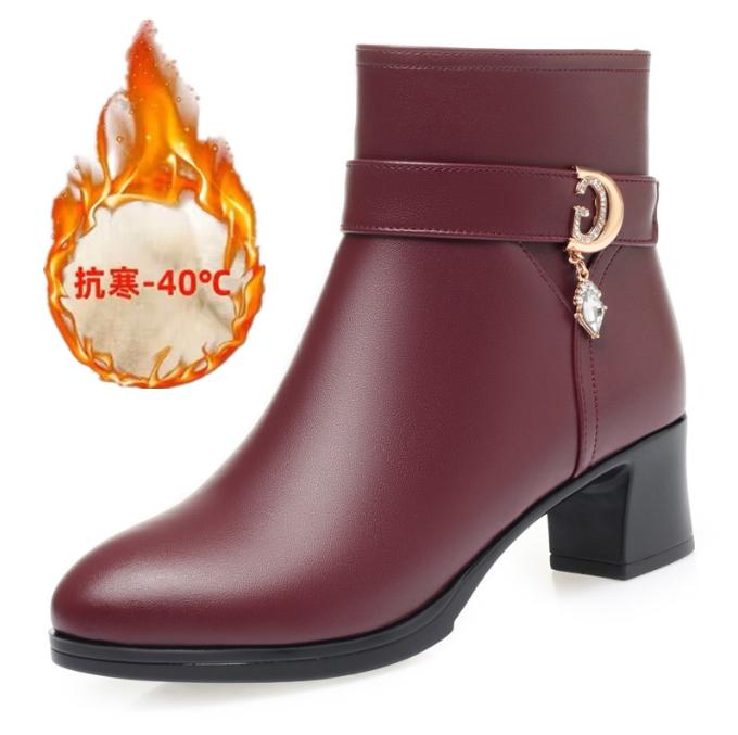 Mode Elegante Frau Block Hohe Absätze Schuhe Weiblicher Trend Winter Wolle Kurze Stiefel Weiches Leder Warme Fell Stiefeletten für Büro Mama