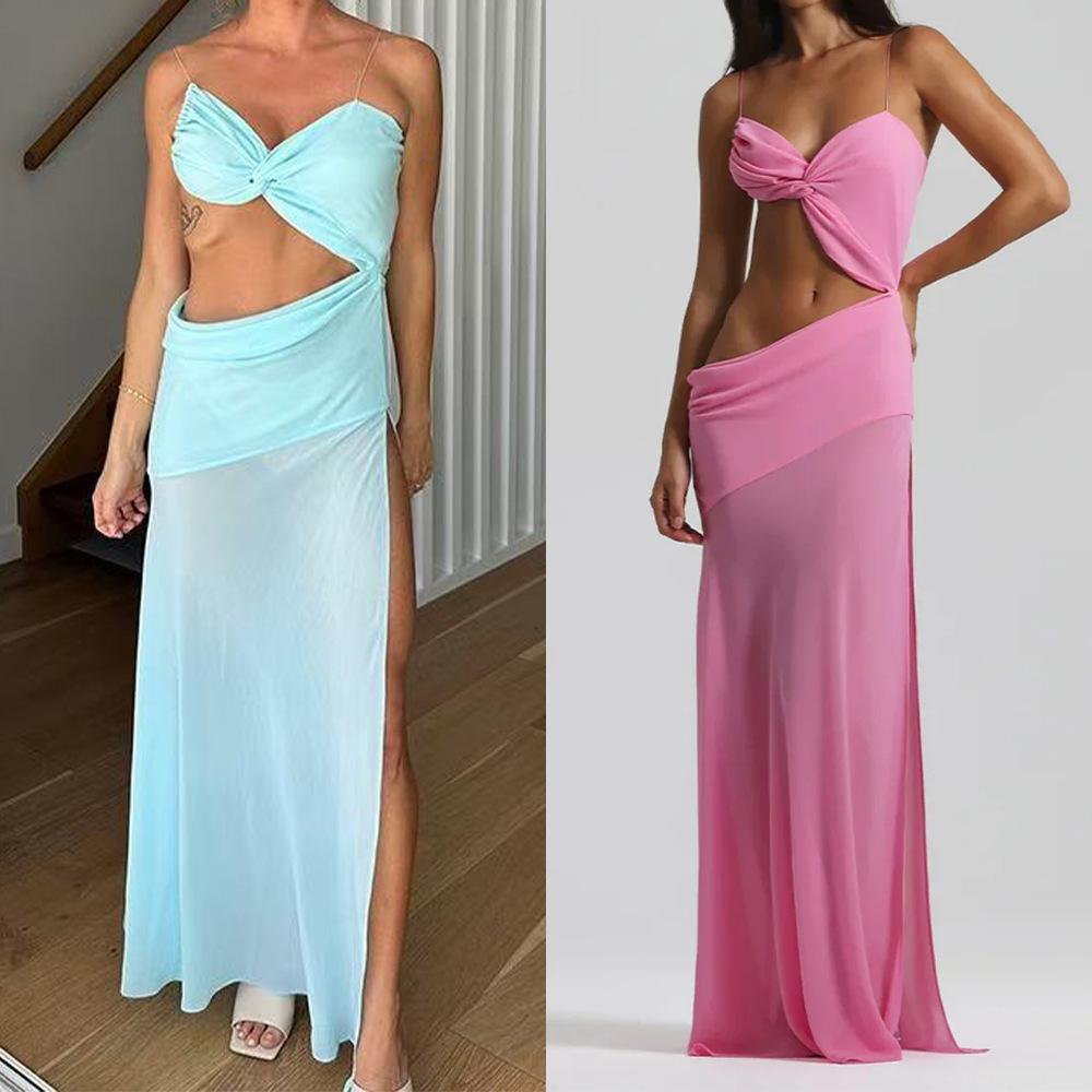 Spaghetti Strap Hollow-out Slit Dress, European and American Women's Solid-color, Sexy Fitted Strapless High-waisted Long Dress