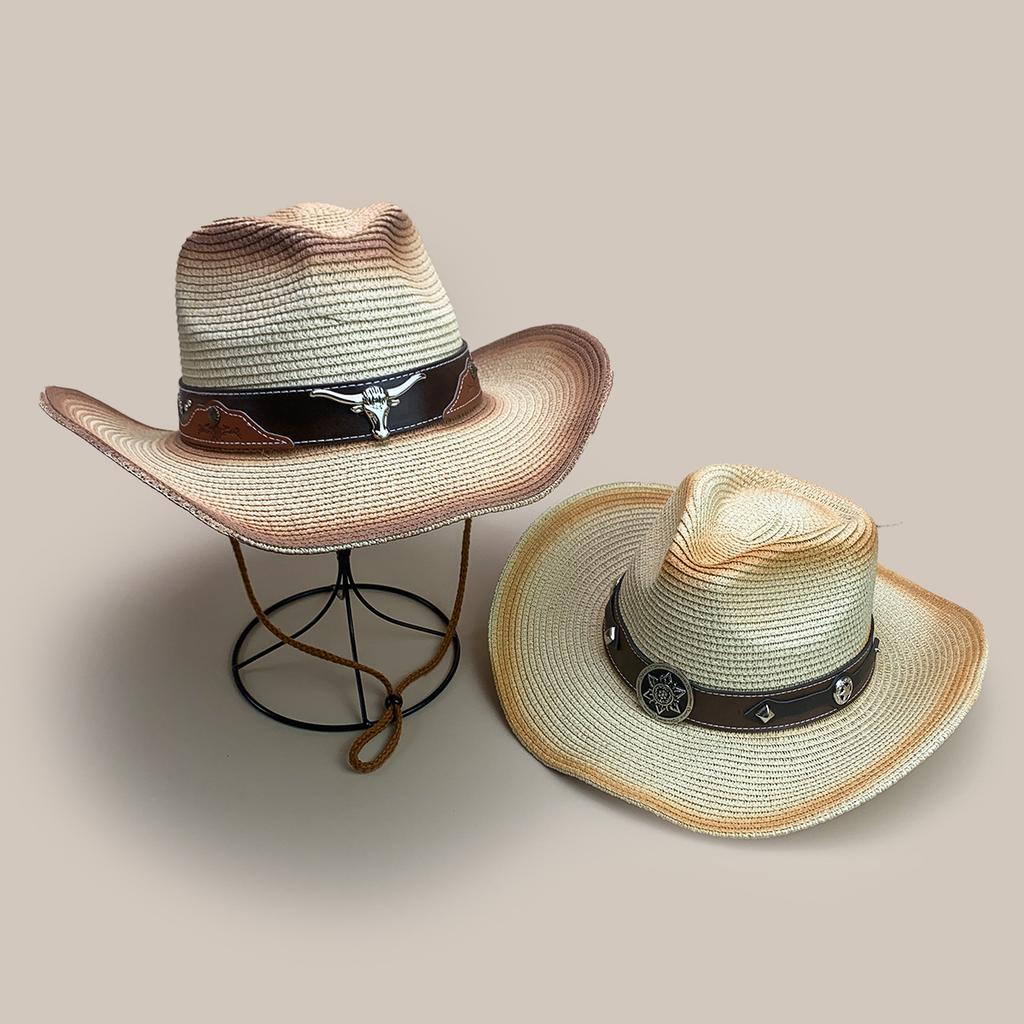 Retro Belt Cow Head Accessories Western Cowboy Hat Men And Women American Sunshade Gradual Change Color Straw Hat