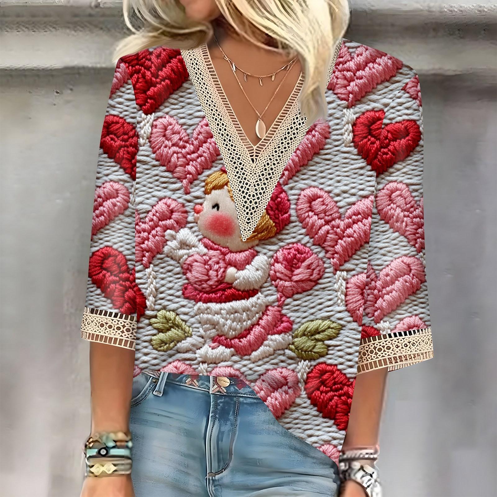 

Женский топ с рукавом три четверти, кружевной, с 3D-принтом ко Дню святого Валентина S