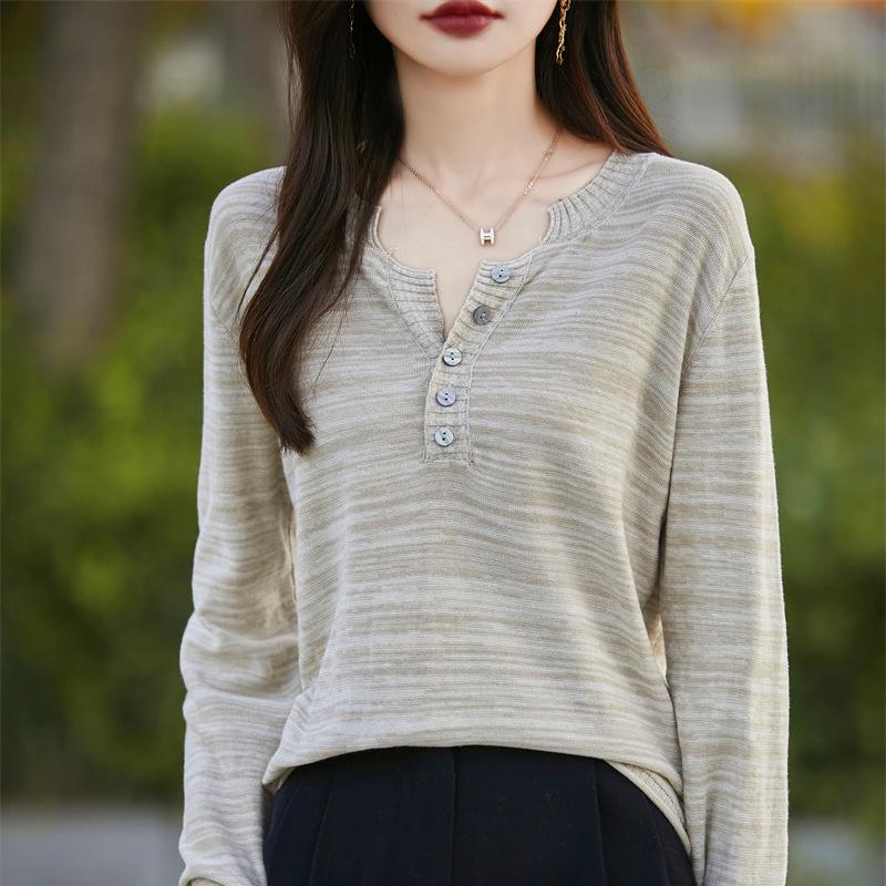 Women's Pure Cotton V-Neck Knitwear: Autumn/Winter Loose Casual Base Layer Sweater