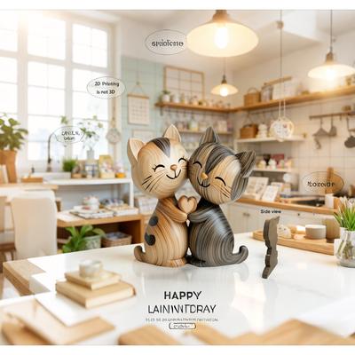 Wooden Kitten Couple Sculpture 2D Flat Art Piece Wood Grain Elegant Desktop Entrance Decor Romantic Gift for Wedding Anniversary