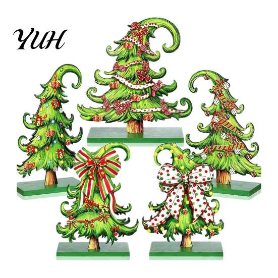 Vintage Cartoon Style Ornaments 5 Pcs Wooden Tabletop Christmas Tree Signs, Rustic Standing Green Festive Party Table Decorations Desktop Ornament