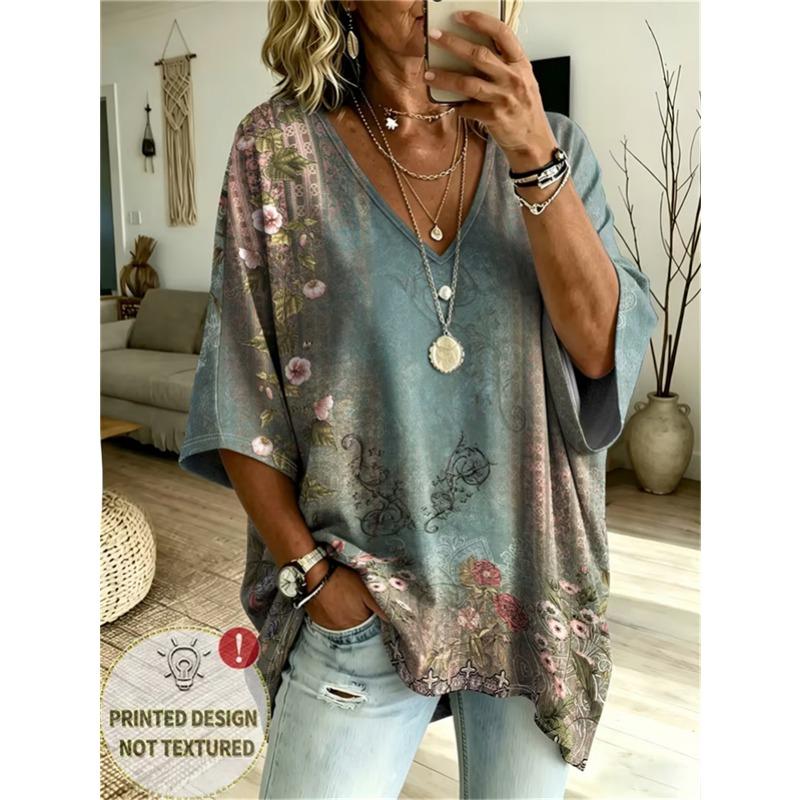 Damska Koszulka Plus Size z Dekoltem V i Rękawami nietoperzowymi Bohemian Etniczny Wzór Luźny Top Letni Wygodny Oddychający Codzienne Dojazdy Casualowy Model wyszczuplający