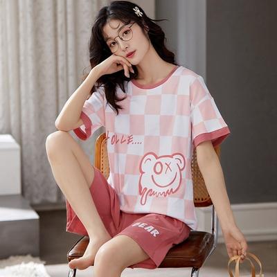 Camisón de Algodón Verano para Mujer Manga Corta Pantalones Cortos Oso de Dibujos Animados Dulce Lindo Conjunto de 2 Piezas Ropa de Dormir Ropa de Casa