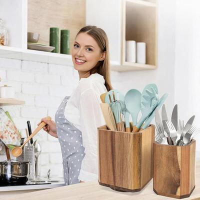 Wood Utensil Holder Rotating Countertop Organizer with Non-Slip Base Large Capacity Kitchen Utensil Organizer for Spatulas Spoons Ladles Cooking Tools