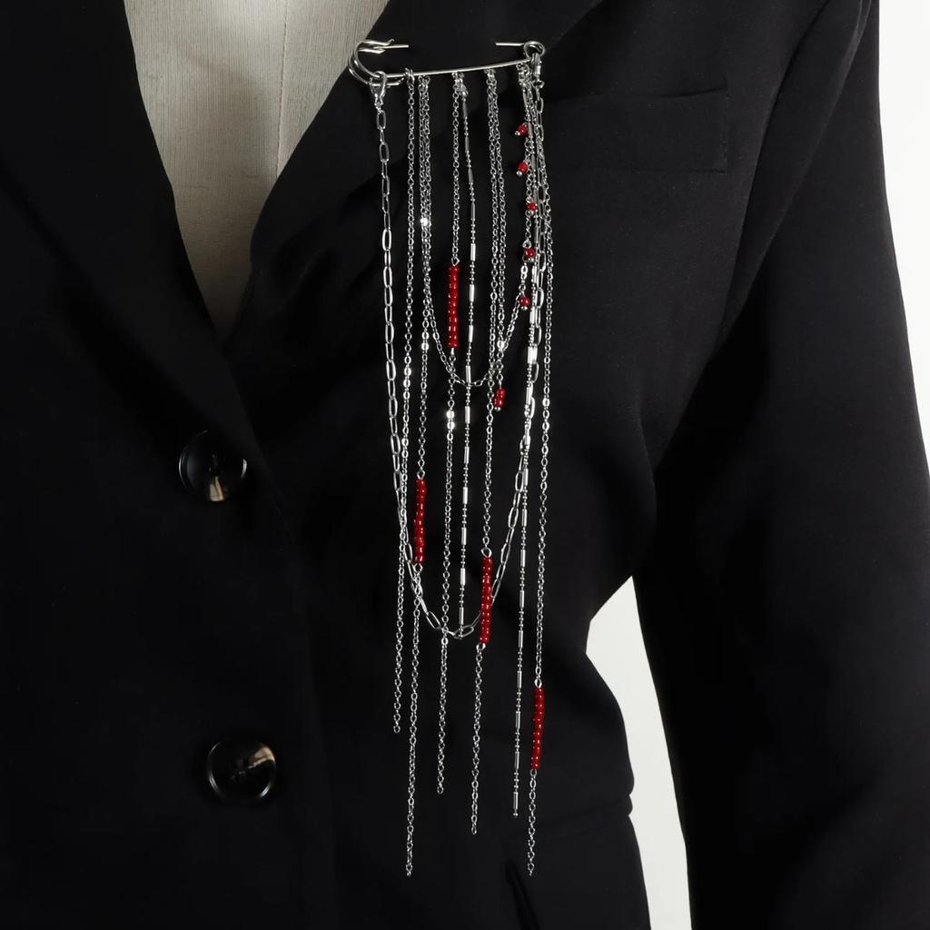 Exaggerated Red Beaded Tassel Brooch Necklace for Women Punk Silver Color Multi Layer Tassel Long Necklaces Jewelry Accessories