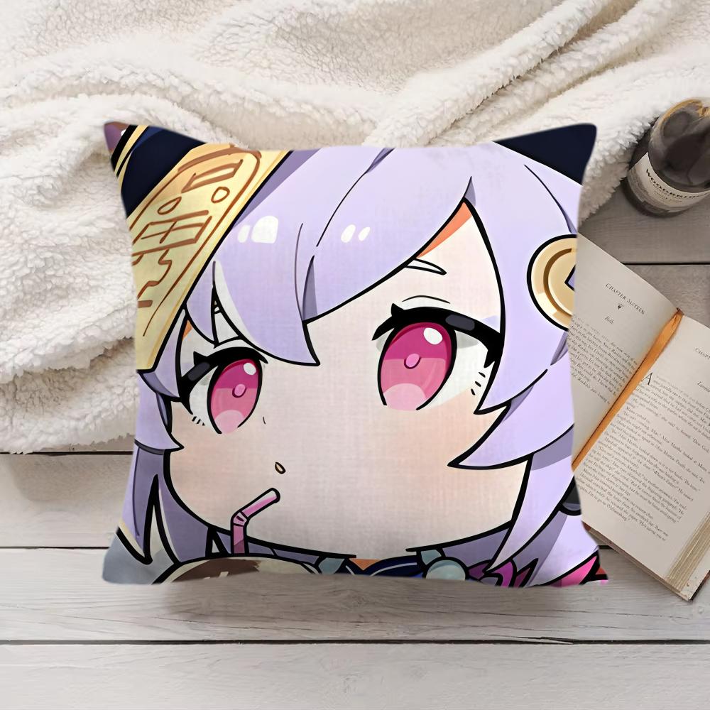 Qiqi Cute Genshin Impact Cushion Cover Silky Short Plush Invisible Zipper Dustproof Sofa Pillow Case For Home Decor