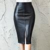 Stylish Women Solid Color High Waist Faux Leather Front Slit Midi Bodycon Skirt