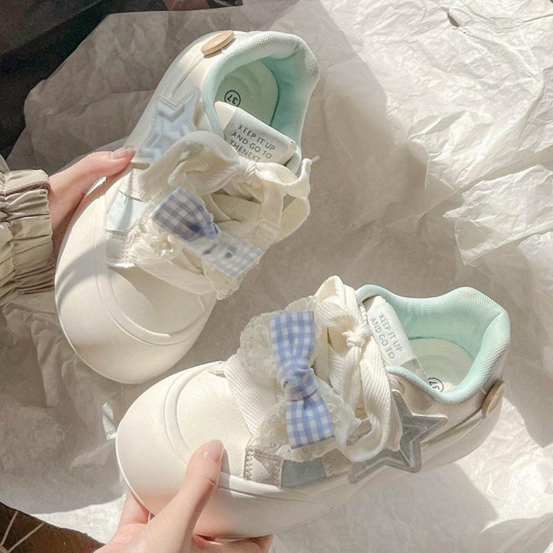 

Bow Korean version thick baseplate shoes women s 2025 new spring and autumn chic versatile bread shoes white shoes 40 светло-синий