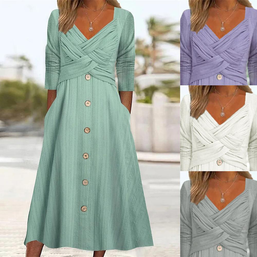 Damen V-Ausschnitt Langarm Midi Kleid Schlanke Passform Hohe Taille Lässiges Tageskleid 2026 Herbst Uni Strick Wickeloptik Knopfleiste A-Linien-Kleid