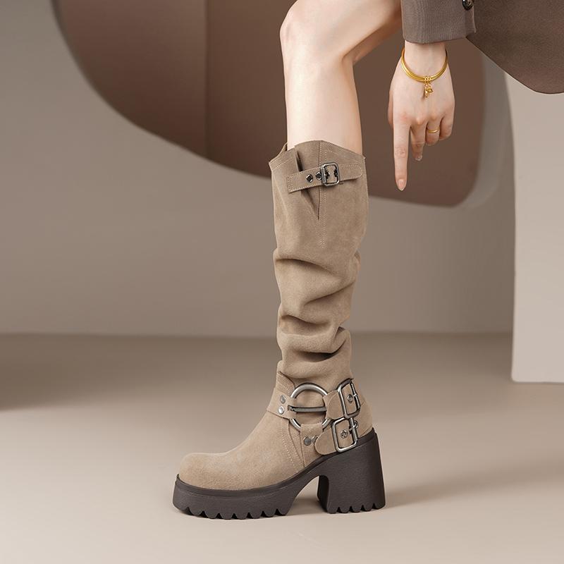 Fashion New Womens Retro Suede Boots Brown Belt Buckle Tall Boots Western Cowboy Boot Women's Boot Fashion Temperament Boots Botas Mujer