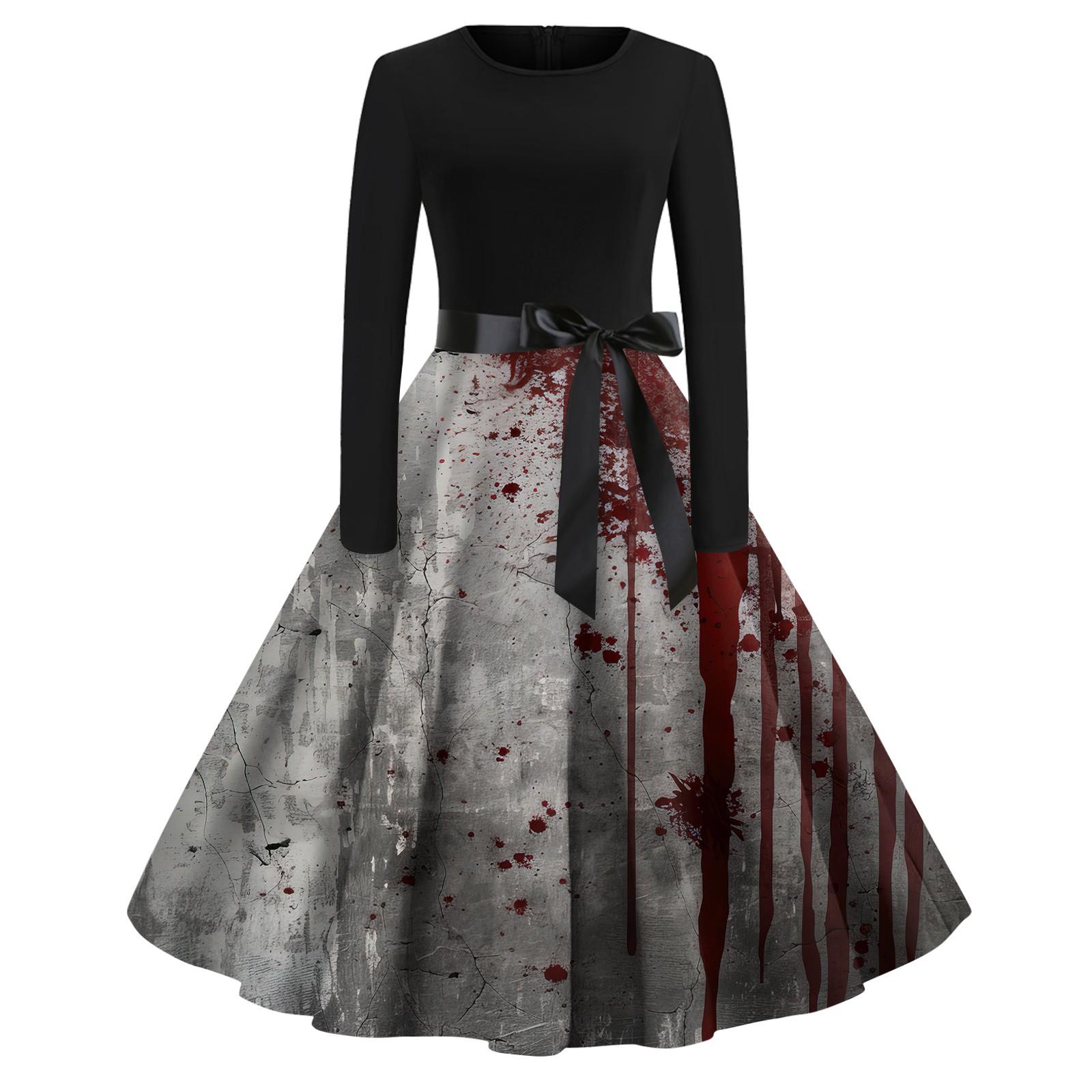 Платье-клеш с принтом на Хэллоуин для женщин с длинным рукавом — фото 8