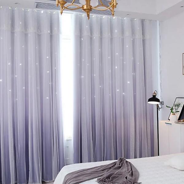 

2 шт., полная затемнение со звездой, законченная занавеска в стиле принцессы, градиент цвета, тканевая пряжа, двухслойная напольная занавеска W300*H270cm*2pcs фиолетовый