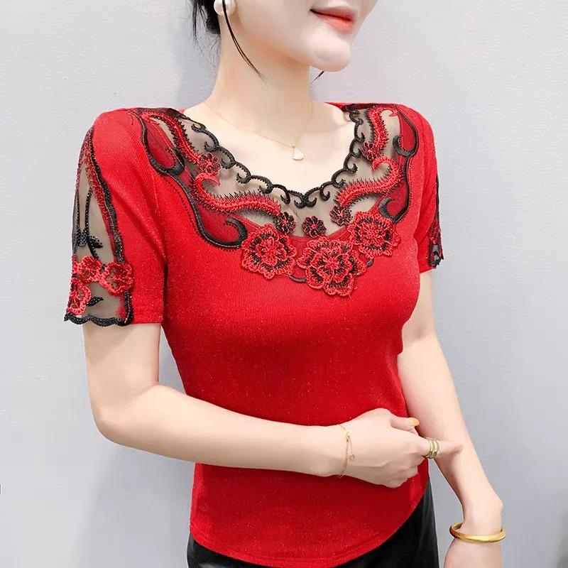 Summer Lace Hot Diamonds Embroidery Flower Designer T-Shirt Elastic Sexy O-Neck Slim Mesh Tops Chic Women's Short Sleeved Vintage Tees Blouse
