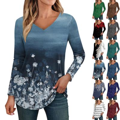 Women's Long Sleeved Retro Floral Print V-neck Top T-shirt