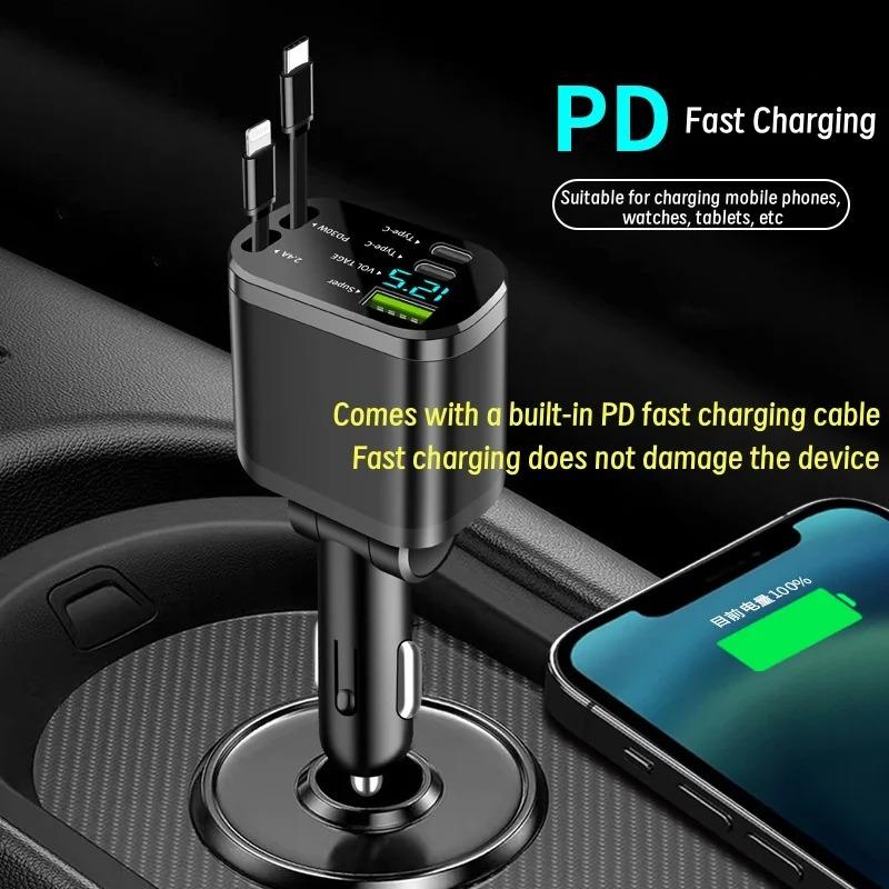NEW 5-IN-1 150W Retractable Car Charger Mobile Phone USB PD Type C Cable For iPhone Fast Charge Cord Cigarette Lighter Adapter Car Accessories