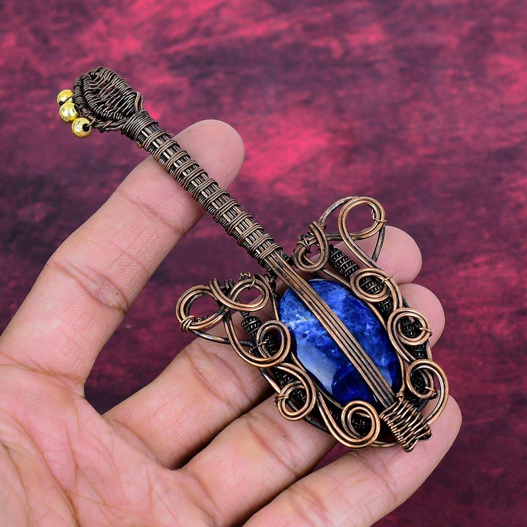 Sodalite Gemstone Pendant Handmade Guitar Pendant Copper Wire Wrapped Jewelry