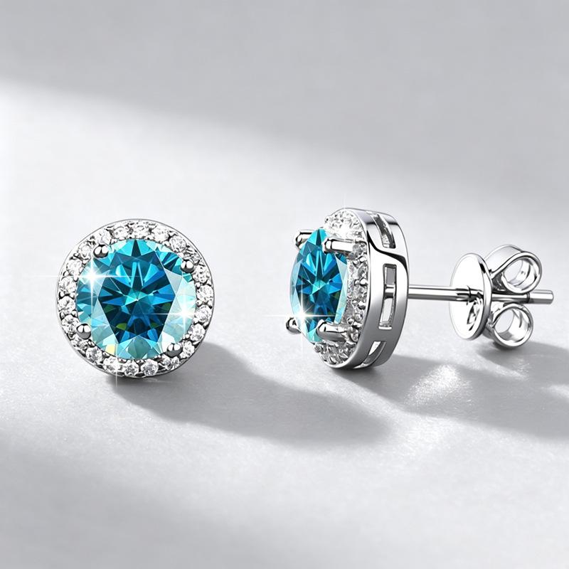 Moissanite Starry Sky Round Halo Stud Earrings, 1 Carat, S925 Sterling Silver, Light Luxury Hip Hop Design for Men.